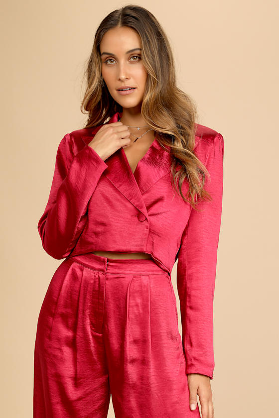 Very Merry Berry Red Satin Cropped Blazer 4