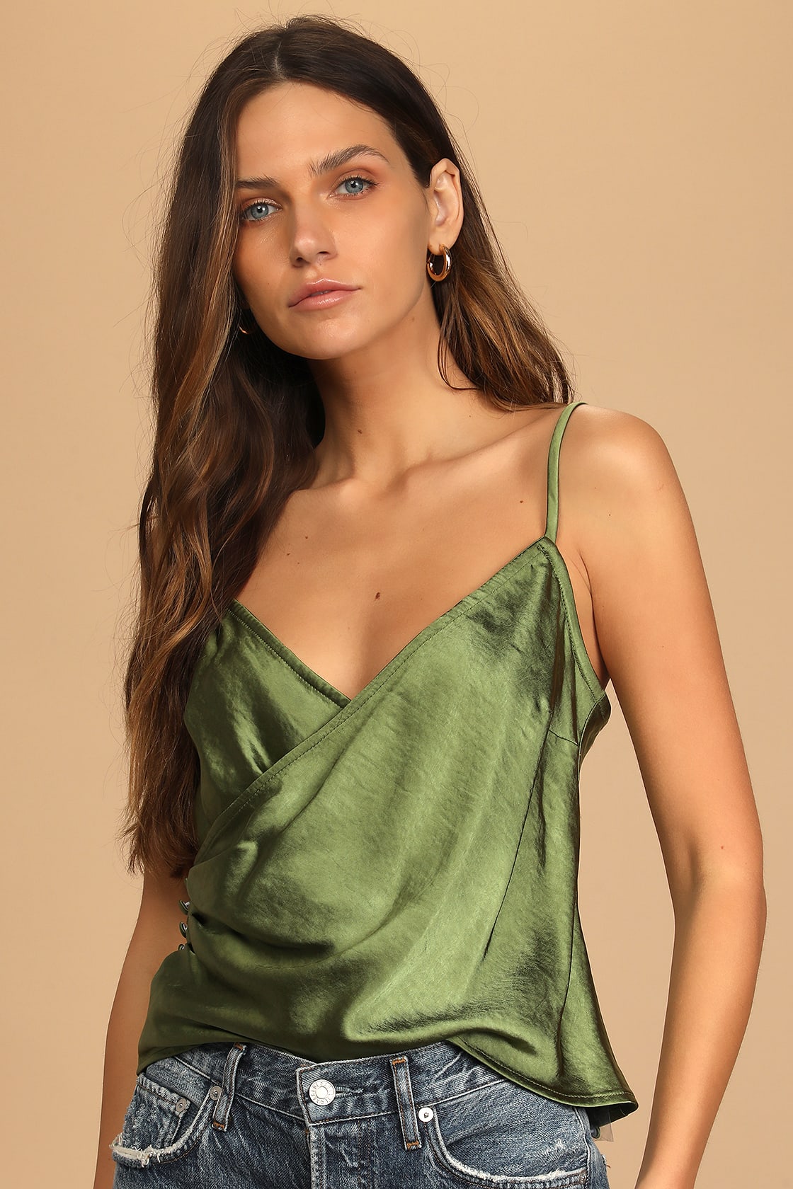 Boost of Confidence Green Satin Side-Button Cami Top
