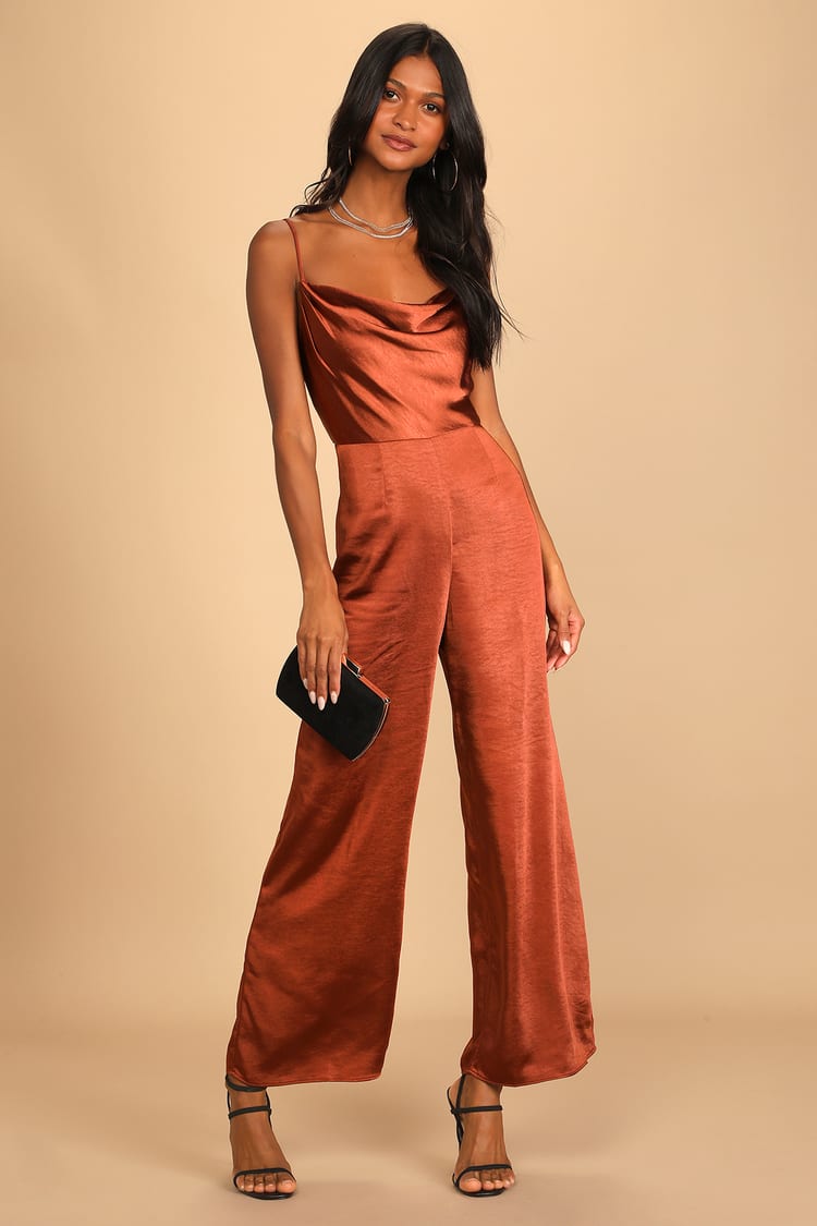 Brown Satin Jumpsuit - Culotte Jumpsuit - Cowl Neck Jumpsuit - Lulus