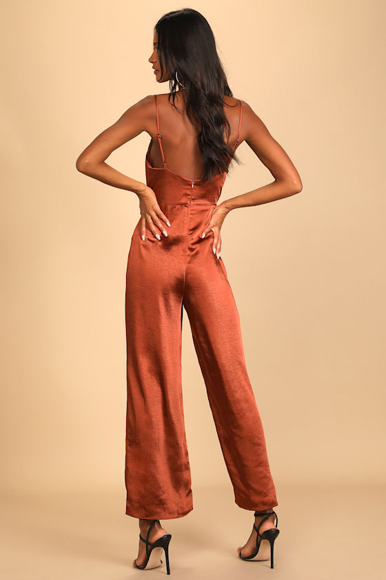Perfect Night Brown Satin Cowl Neck Culotte Jumpsuit 1