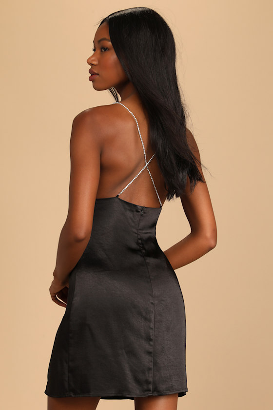 Sparkle Bright Black Satin Rhinestone Strap Bodycon Dress 1
