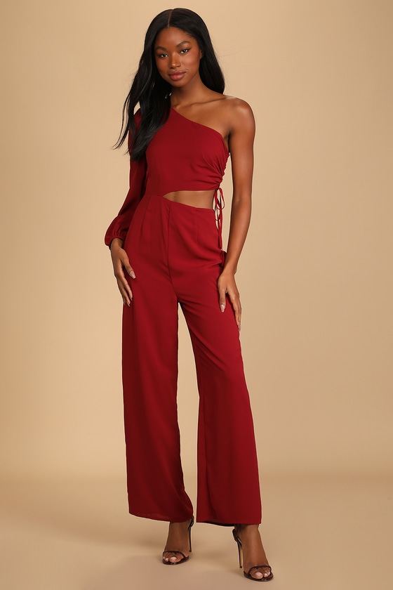 Wine One Shoulder Jumpsuit Cutout Jumpsuit Women s Jumpsuit Lulus