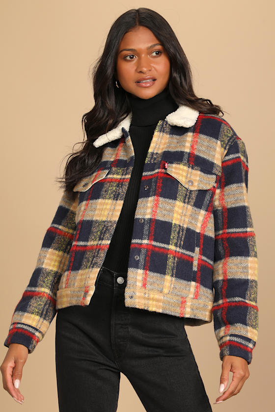 Wool Navy Blue Multi Plaid Trucker Jacket 3