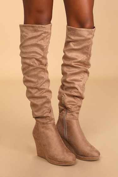 Larisa Taupe Suede Over the Knee Wedge Boots