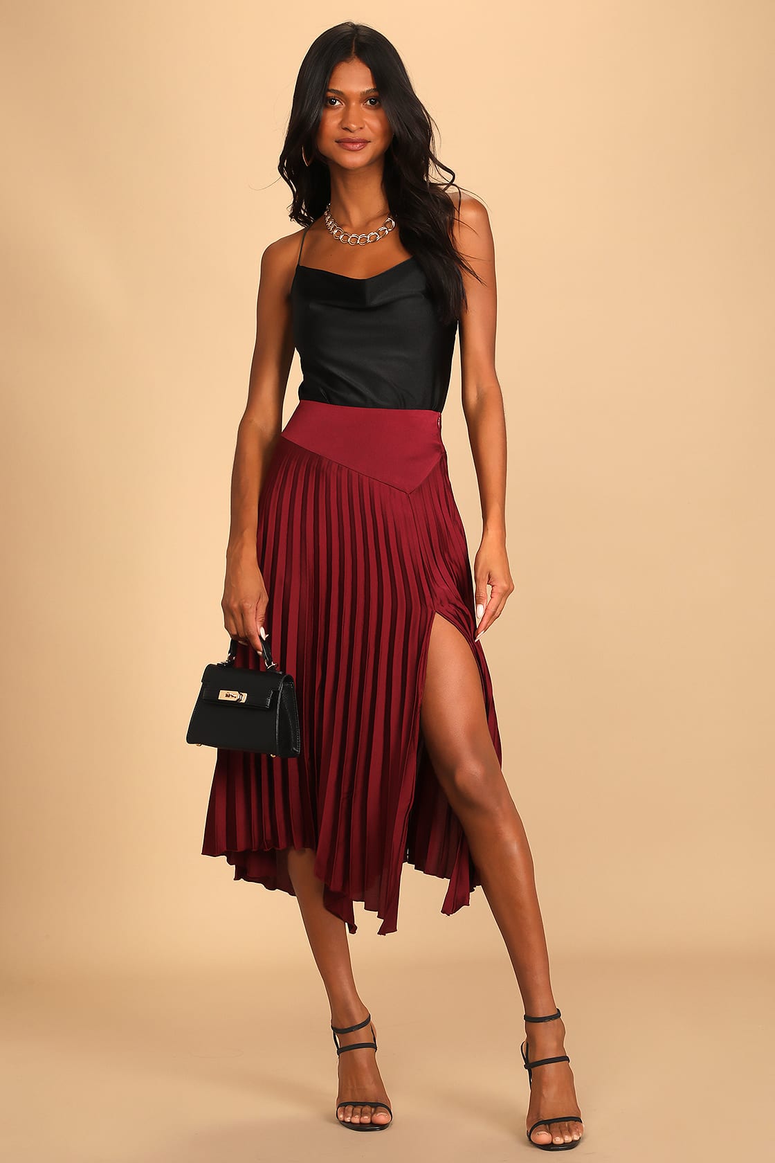 Feeling Pretty Pleased Burgundy Asymmetrical Midi Skirt, red pleated long skirt