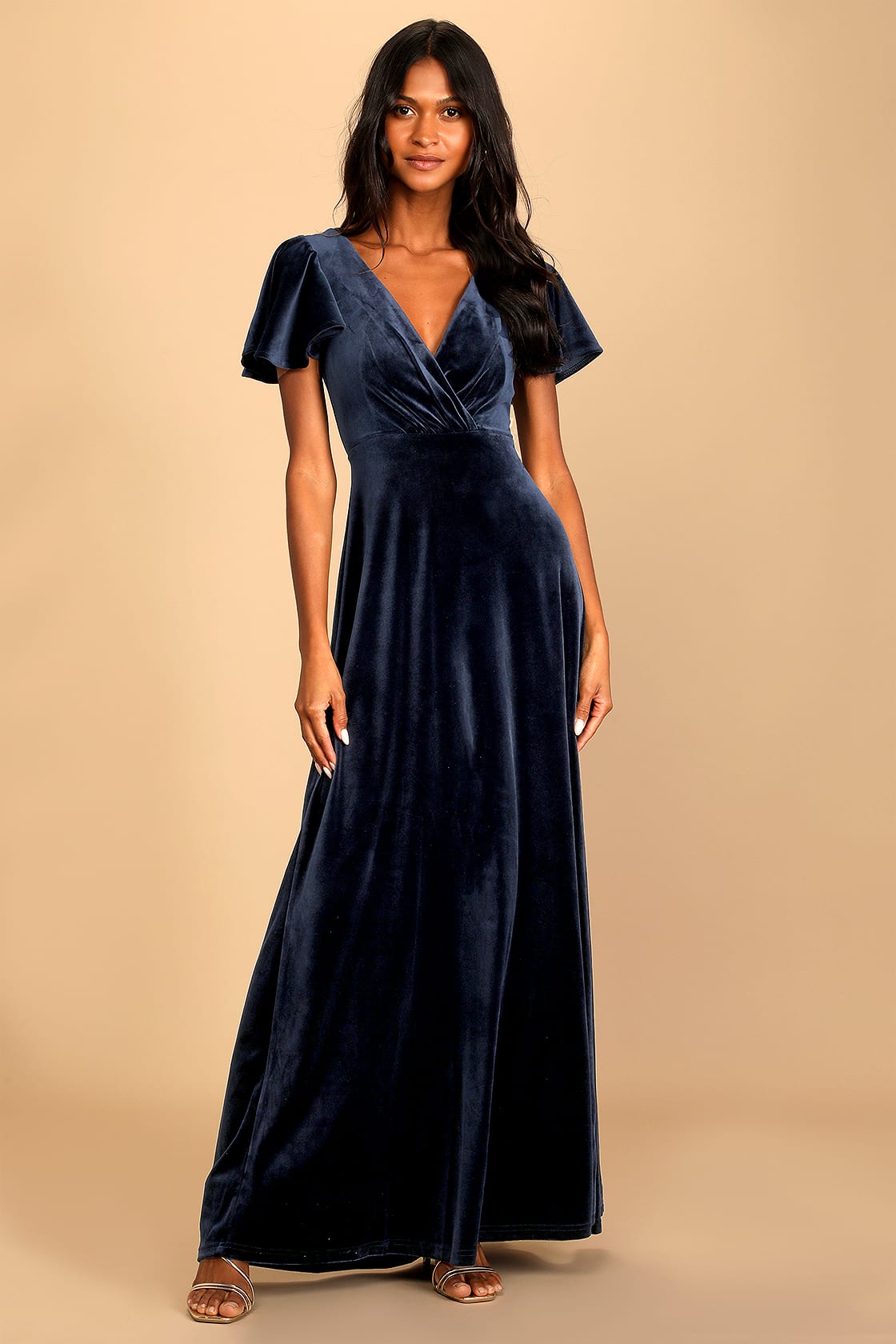 Absolutely Amazed Navy Blue Velvet Flutter Sleeve Maxi Dress