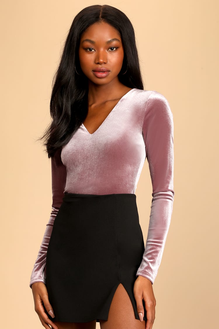 Mauve Purple Velvet Top - Velvet Bodysuit - Long Sleeve Bodysuit