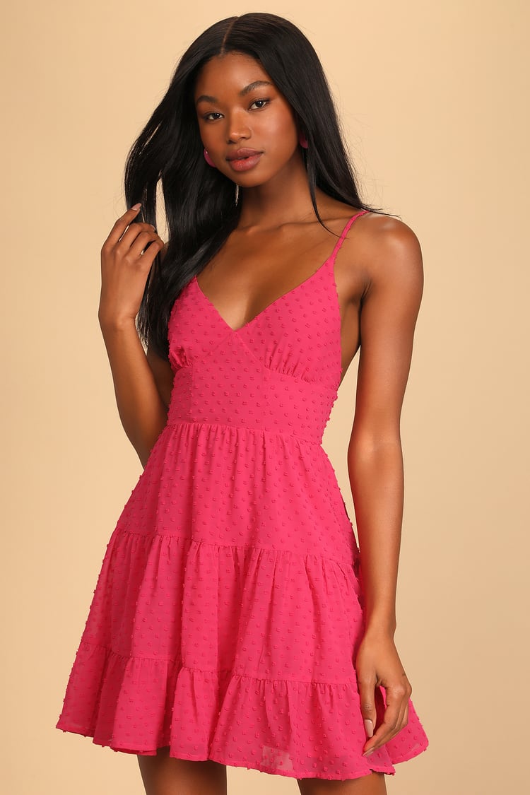 Hot Pink Mini Dress - Swiss Dot Dress - Tiered Skater Dress - Lulus