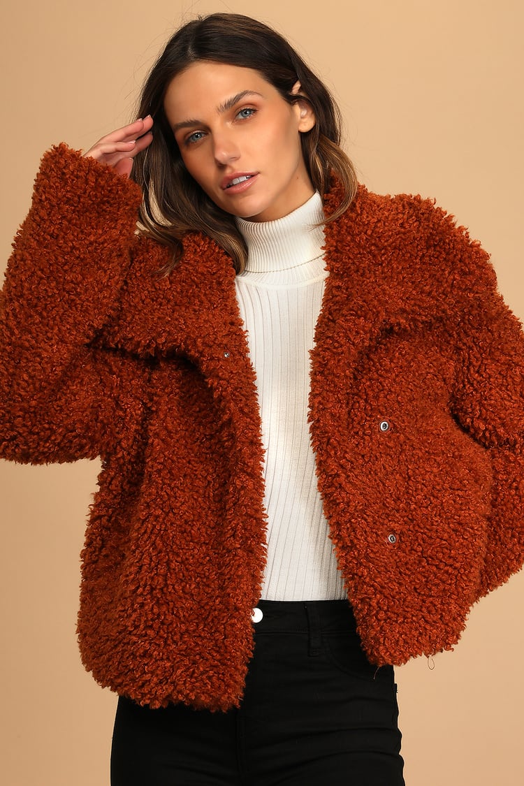 Rust Orange Jacket - Teddy Jacket - Faux Fur Coat - Woven Coat - Lulus