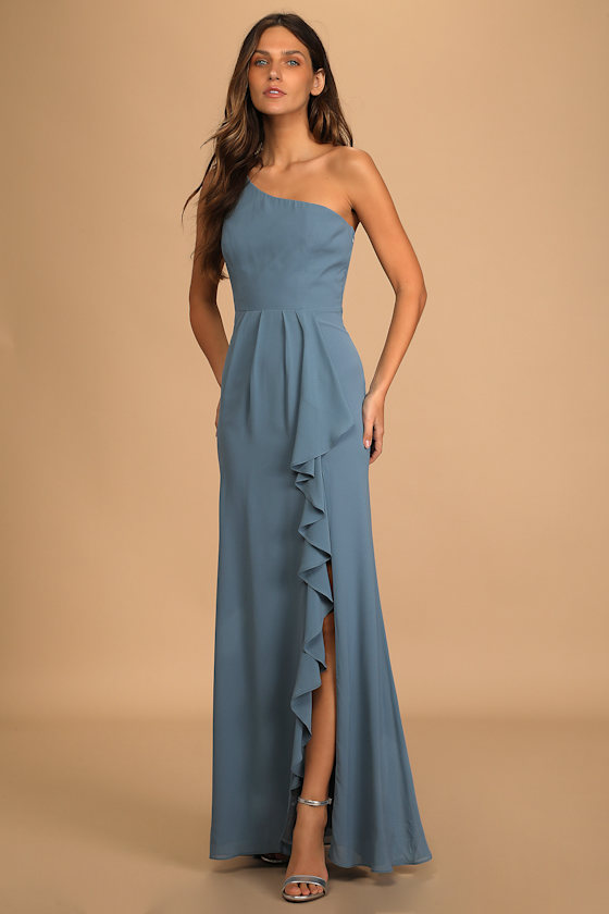 Magical Romance Slate Blue Ruffled One-Shoulder Maxi Dress 5