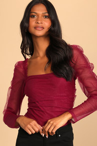 Dare To Be You Burgundy Tulle Ruched Long Sleeve Bodysuit