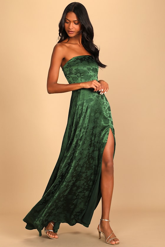 Made to Marvel Emerald Green Satin Jacquard Strapless Maxi Dress 2