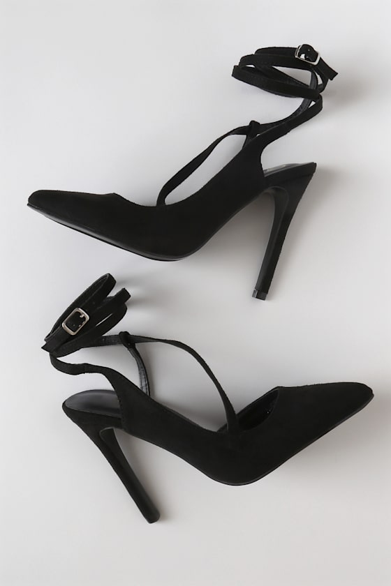 Katreena Black Suede Pointed-Toe Lace-Up Heels 4