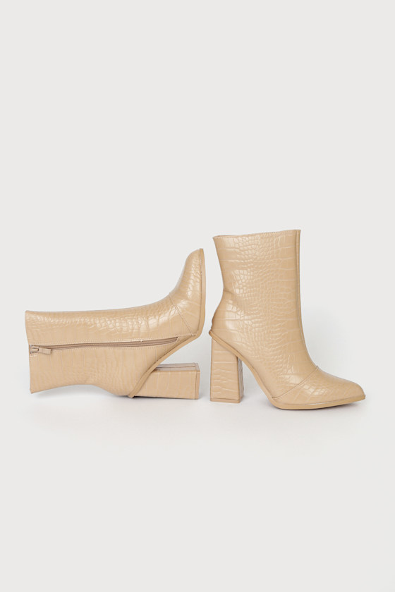 Wendi Light Nude Crocodile-Embossed Pointed-Toe Mid-Calf Boots 4