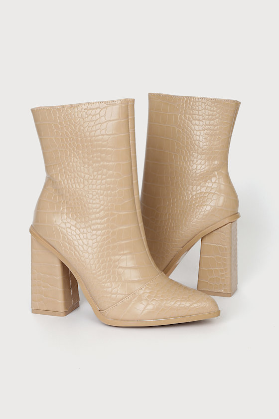 Wendi Light Nude Crocodile-Embossed Pointed-Toe Mid-Calf Boots 3