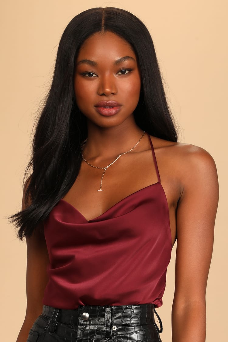 Burgundy Satin - Cowl Neck Top - Strappy Cami Top - Lulus