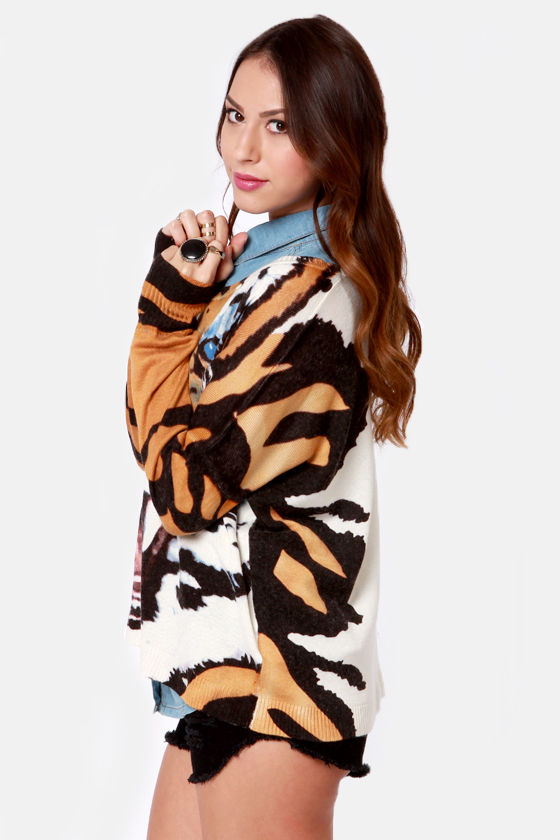 Mink Pink Roar Sweater - Oversized Sweater - Tiger Print