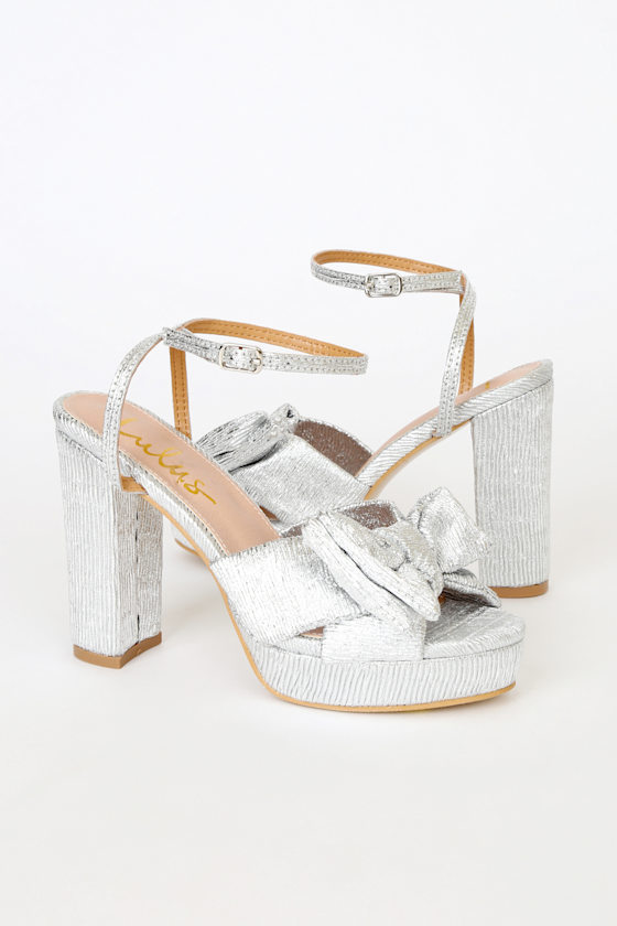 Lilsa Silver Metallic Bow Platform Ankle Strap Heels 3