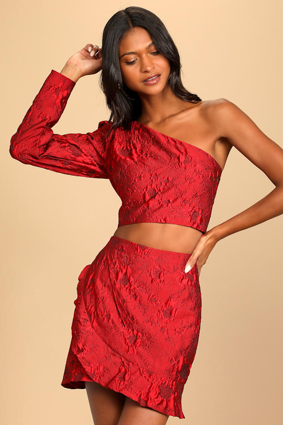 Red Mini Skirt Floral Jacquard Skirt HighRise Skirt Lulus