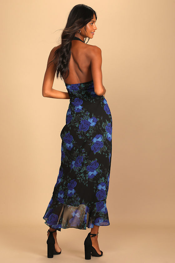 Elegant Entrance Black Floral Print Halter Maxi Dress - thumbnail 3