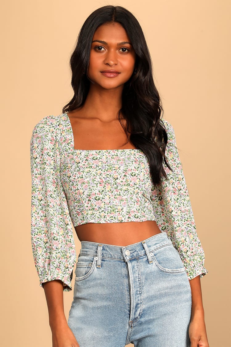 White Floral Print Top - Cropped Blouse - 3/4 Sleeve Top - Lulus