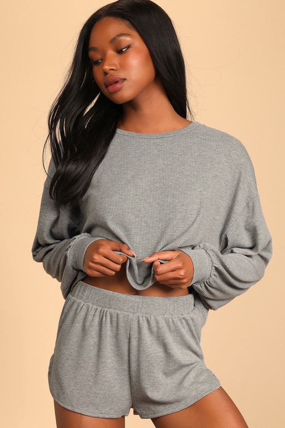 Heather Grey Pajama Set - Ribbed Knit Pajamas - Two-Piece PJ Set - Lulus