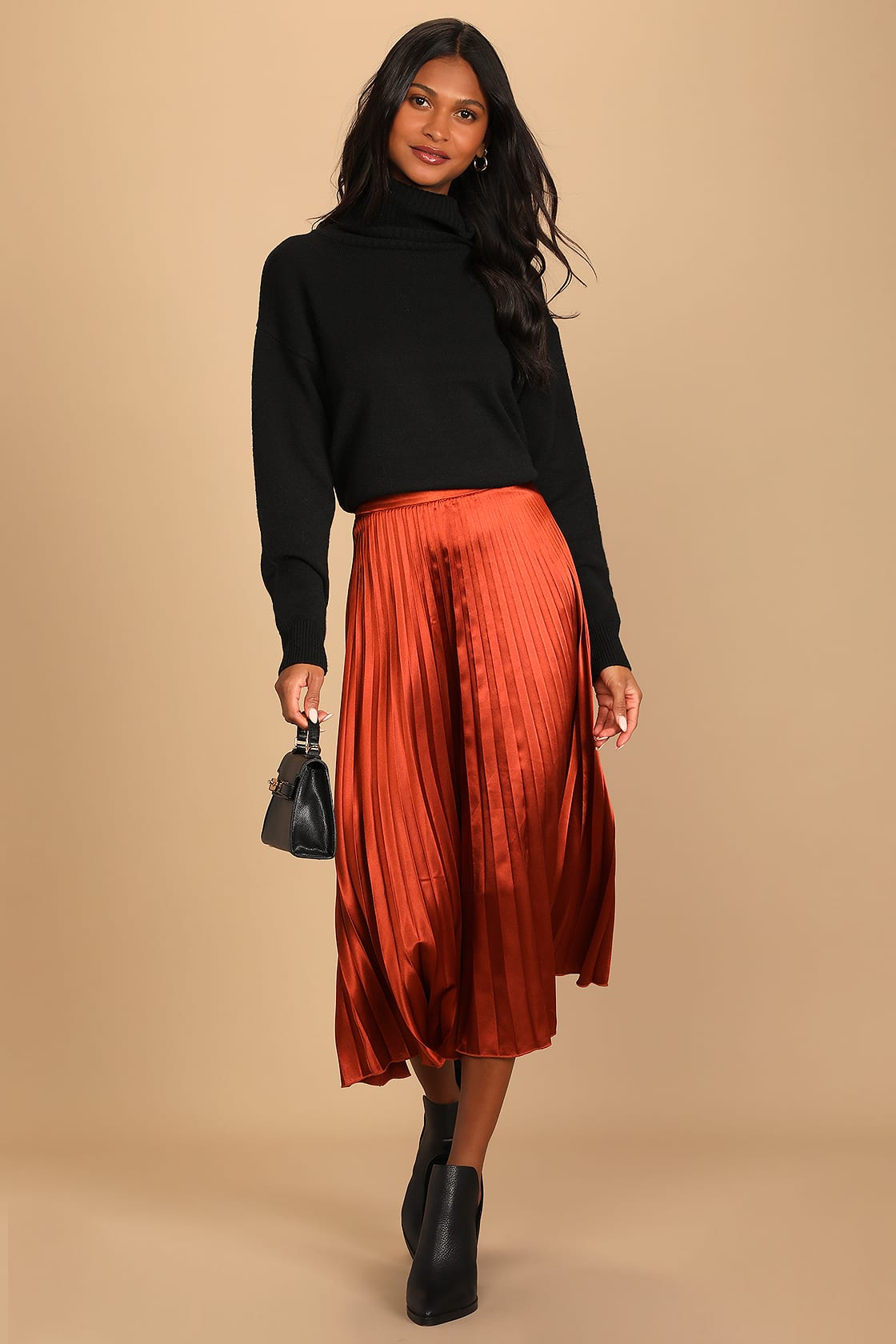 Fashionable Babe Rust Brown Satin Pleated Midi Skirt