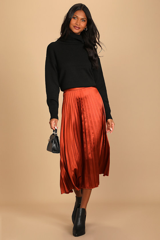 Fashionable Babe Rust Brown Satin Pleated Midi Skirt 8