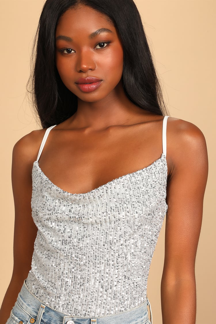 Midnight Soiree Silver Sequin Cowl Neck Bodysuit