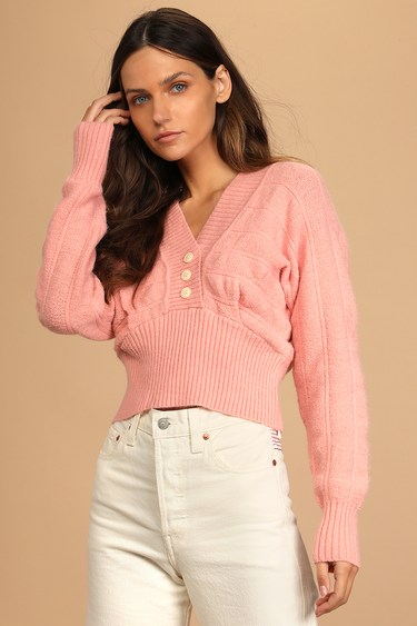 One Cozy Day Light Pink Lace-Up Button-Up Sweater