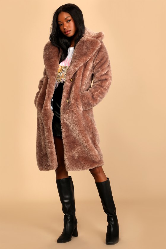 Stepping Out in Style Taupe Faux Fur Long Coat