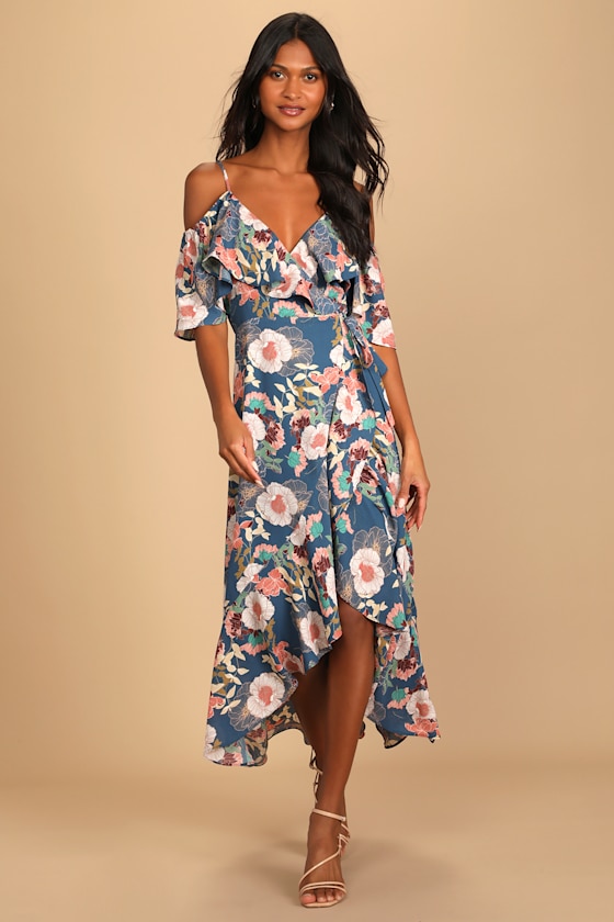 Fully Bloomed Blue Floral Print Off-the-Shoulder Maxi Wrap Dress 4
