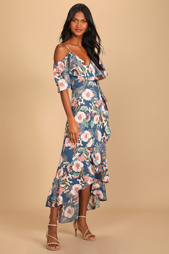 Fully Bloomed Blue Floral Print Off-the-Shoulder Maxi Wrap Dress 5
