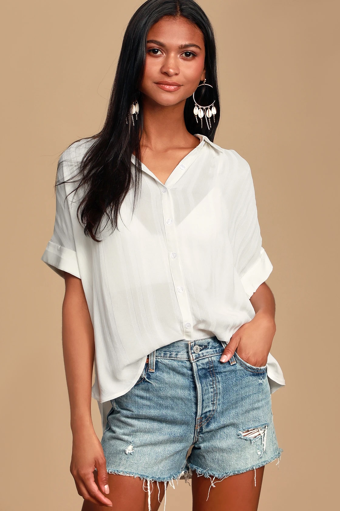 Everlee White Striped Button-Up Top