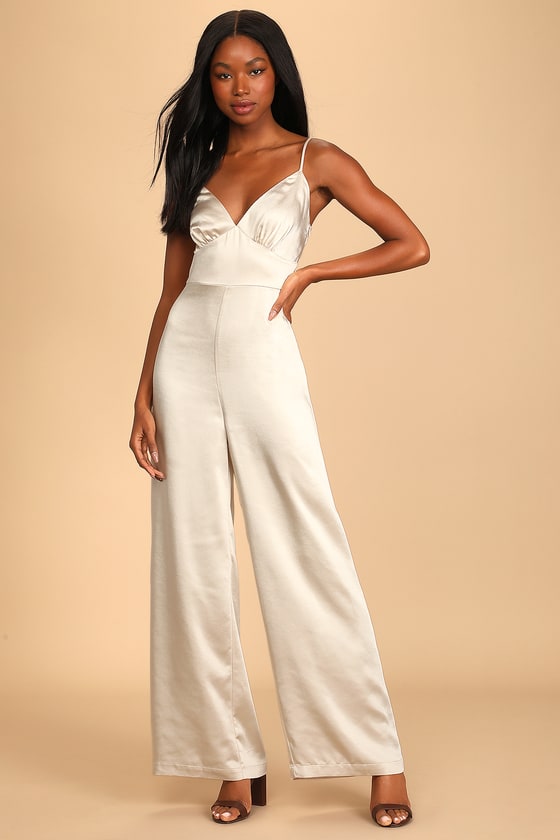 Get the Mood Champagne Satin Cowl Back Jumpsuit