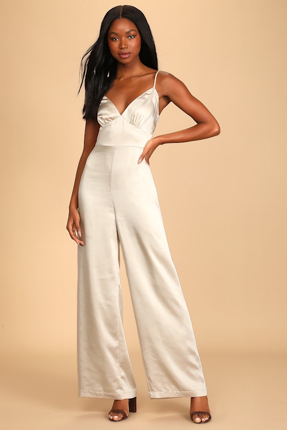 Get the Mood Champagne Satin Cowl Back Jumpsuit 3