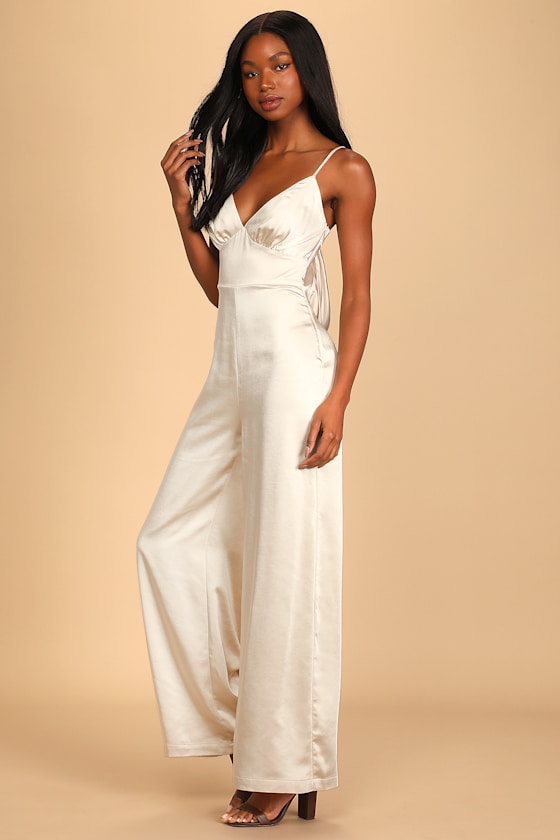 Champagne Satin Jumpsuit - Backless Jumpsuit - Low Back Jumpsuit