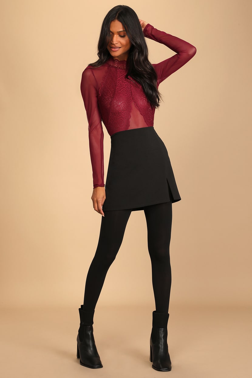 Show Stopping Burgundy Sheer Lace Long Sleeve Bodysuit
