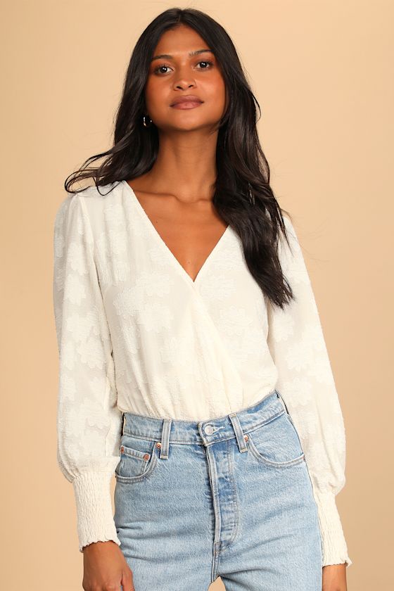 Ivory Floral Bodysuit Long Sleeve Bodysuit Surplice Bodysuit Lulus