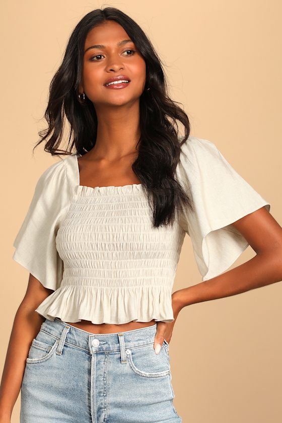 Your Sunshine Beige Smocked Flutter Sleeve Top 12