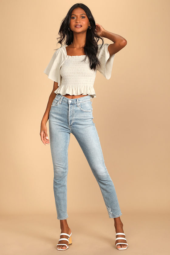 Smocked Beige Top - Butterfly Sleeve Top - Ruffled Top - Lulus