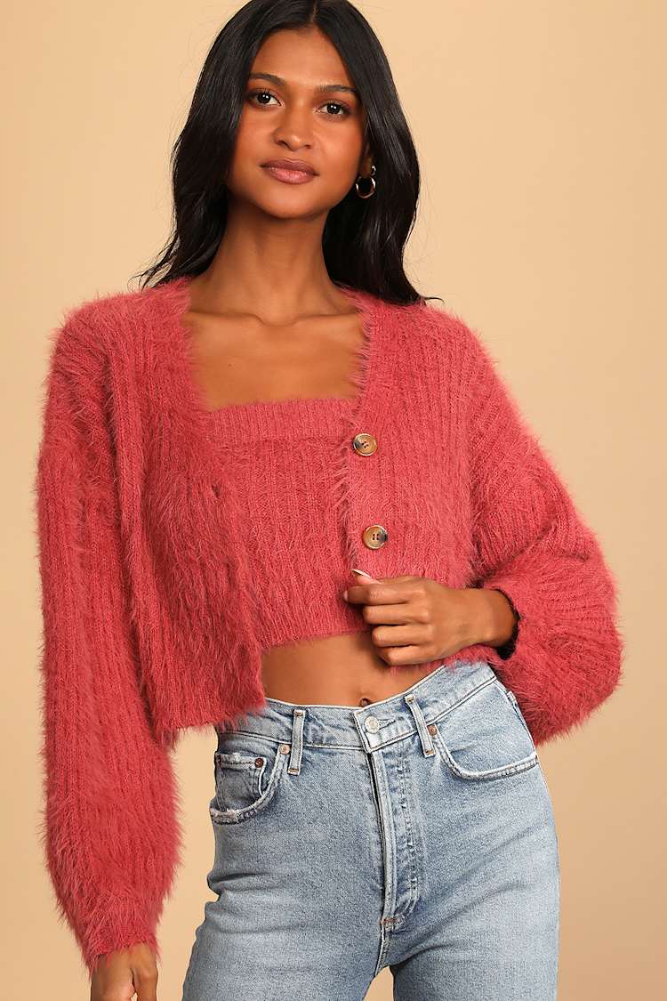 Berry Pink Sweater Set - Eyelash Knit Sweater - 2-Piece Cardigan - Lulus