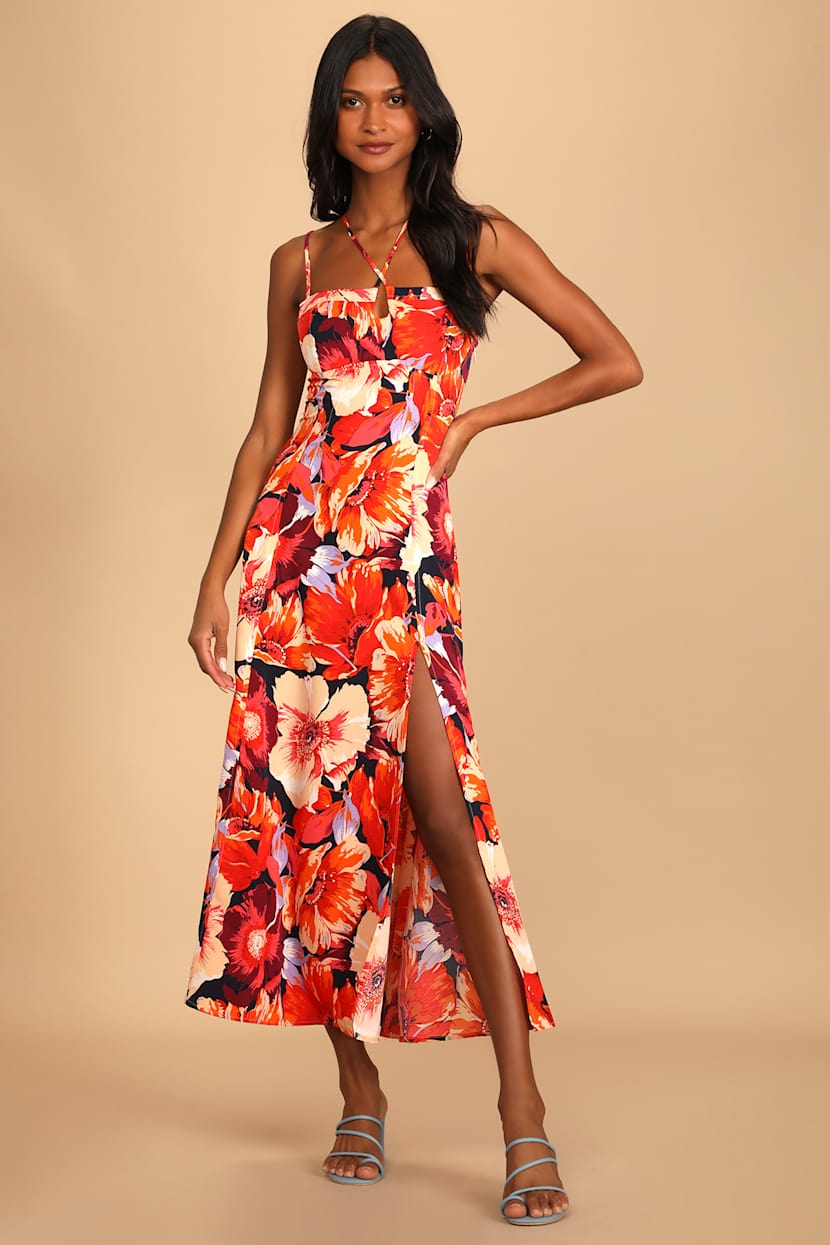 open lace back dress Poppy Floral Meara One Shoulder Satin Maxi Dress Blue-Red / XL by Sugarlips main image 0