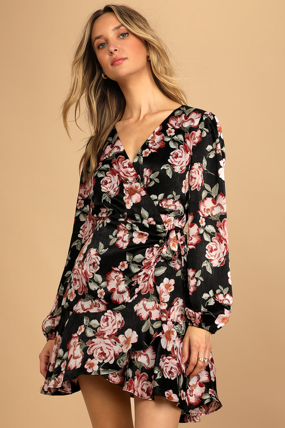 Black Mini Dress - Floral Print Dress - Wrap Dress - Satin Dress - Lulus