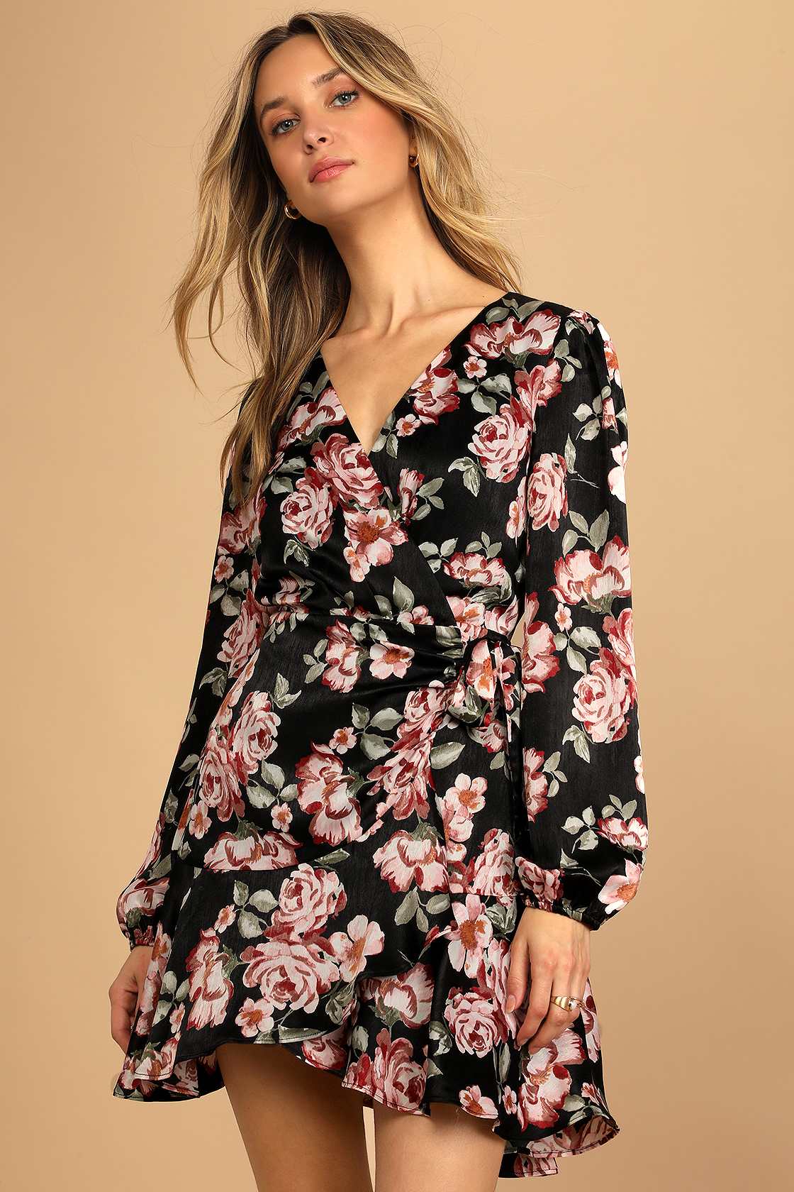 Satin Floral Wrap Frill Mini Dress
