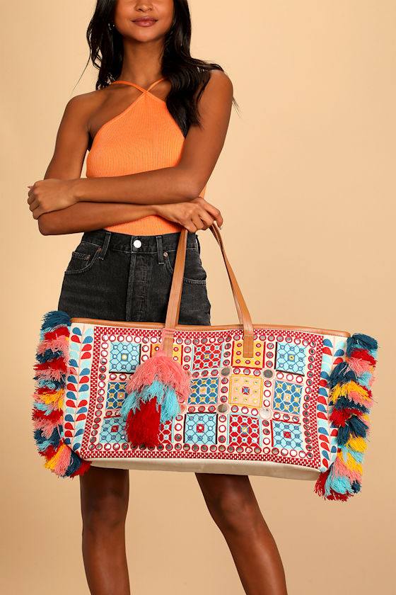 Island Living Beige Multi Embroidered Oversized Tote Bag 1