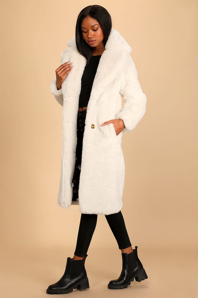 long cream fluffy coat