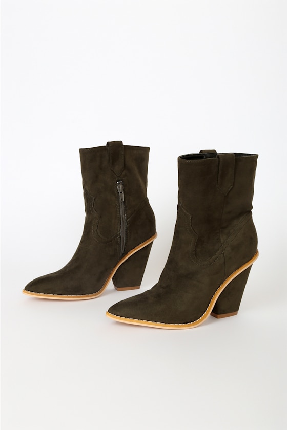 Ponyy Olive Suede Pointed-Toe Mid-Calf Booties 3