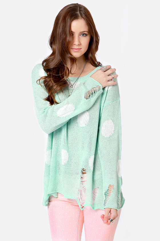Loved to Shreds Mint Polka Dot Sweater