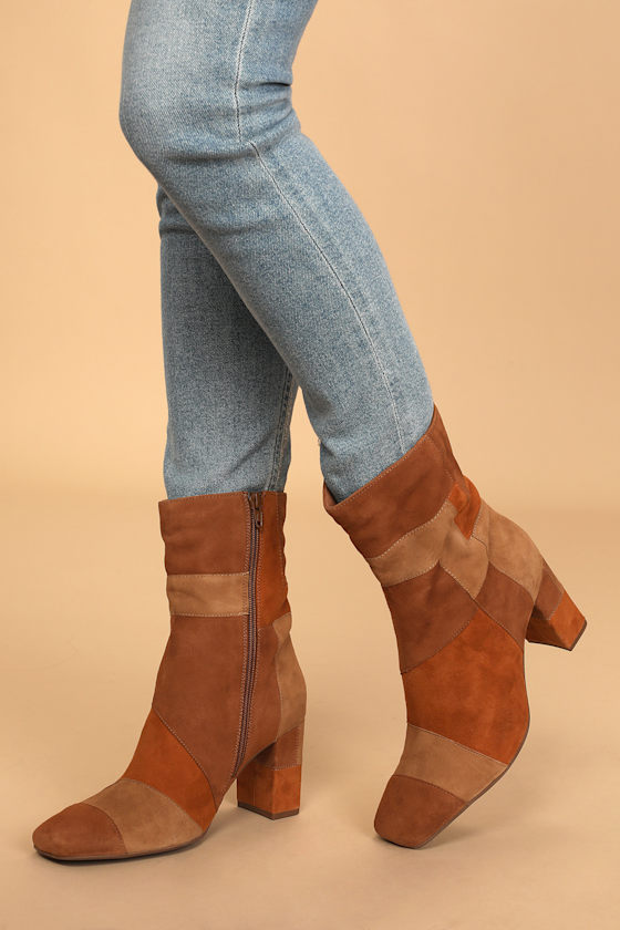 Hometown Cognac Suede Leather Color Block Mid-Calf Boots 1